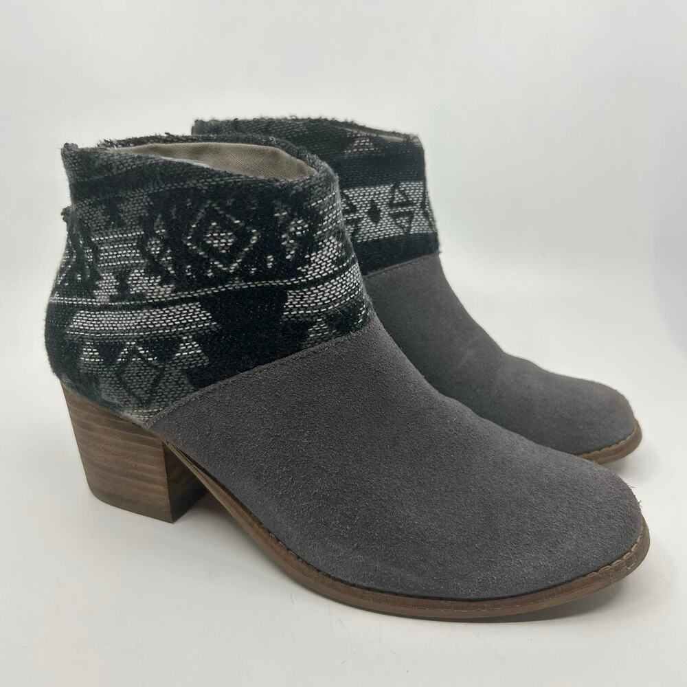 Toms Leila Aztec Print Gray/Black Suede Block Heel Ankle Booties Tribal WMNS US8